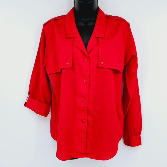 Diane Von Furstenberg Blouse Top 8 Vintage Red Button Front Tab Sleeve Epaulette - Picture 1 of 13